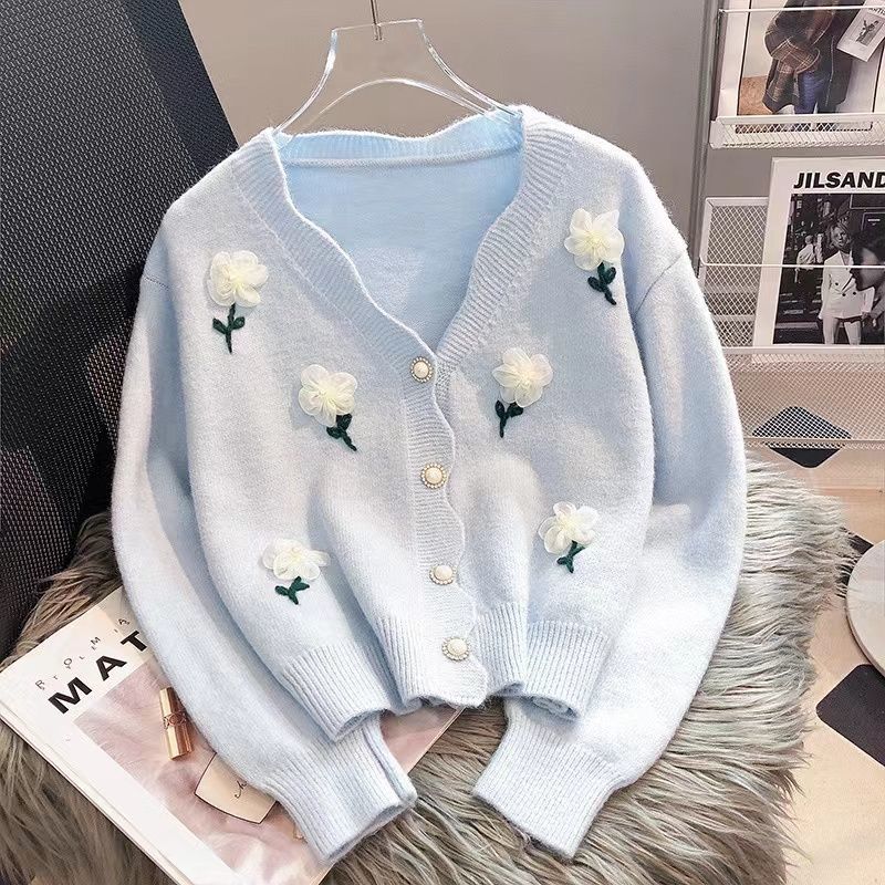 Ležérne pletené svetre s dlhým rukávom a výstrihom do V Dámske Jarné a jesenné korálky na nechty Lazy Style 3D kvet Cardigan kabát Top