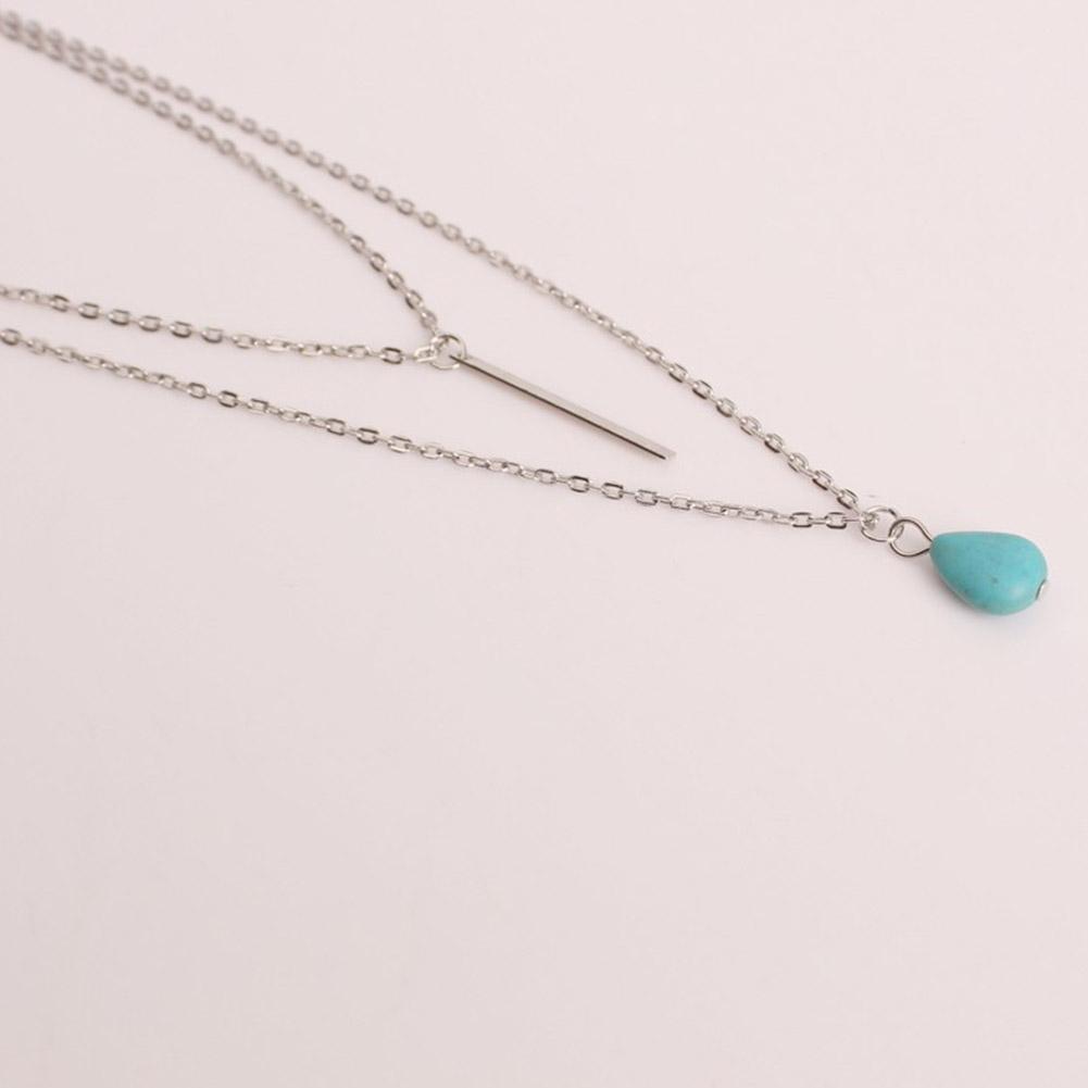 Women Double-layer Turquoise Necklace Water Drop Shaped Pendant Clavicle Chains Necklace