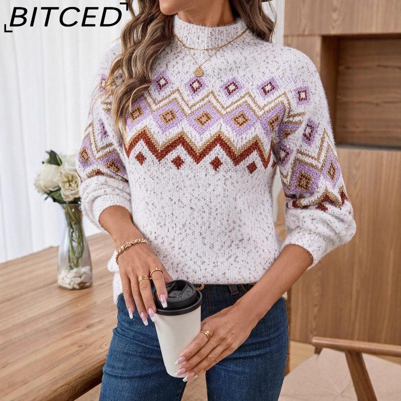 

BITCED Women s Autumn/Winter Pullover Sweater with Half-High Neck, Jacquard Pattern and Long Sleeves Casual Loose-Fit Knitwear XL
