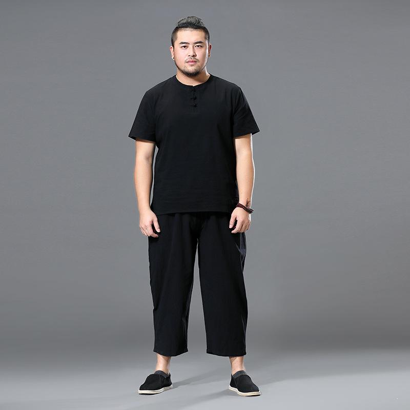 Summer linen suit men's buckle short-sleeved t-shirt ice silk thin trendy men's Chinese shorts cotton and linen two-piece set