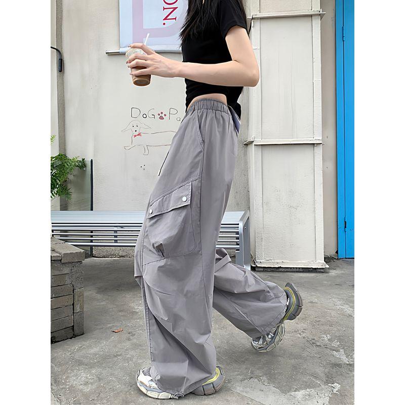 Kumikumi American Retro Pure Color Drawstring Draped Casual Pants Cargo Pants Female Autumn Slimming All-Match Wide Leg Pants