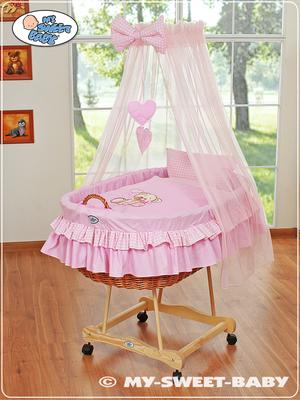 Cesta Moisés con dosel - Osito de peluche con lazo rosa