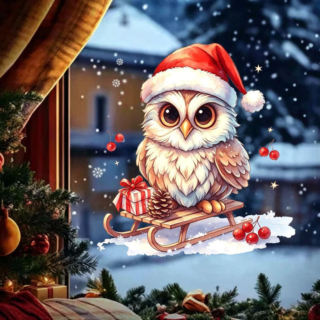 Sticker Christmas Owl Window Decal - Non-Slippery Decal for Glass Windows - Decorative Decal for Living Room Windows