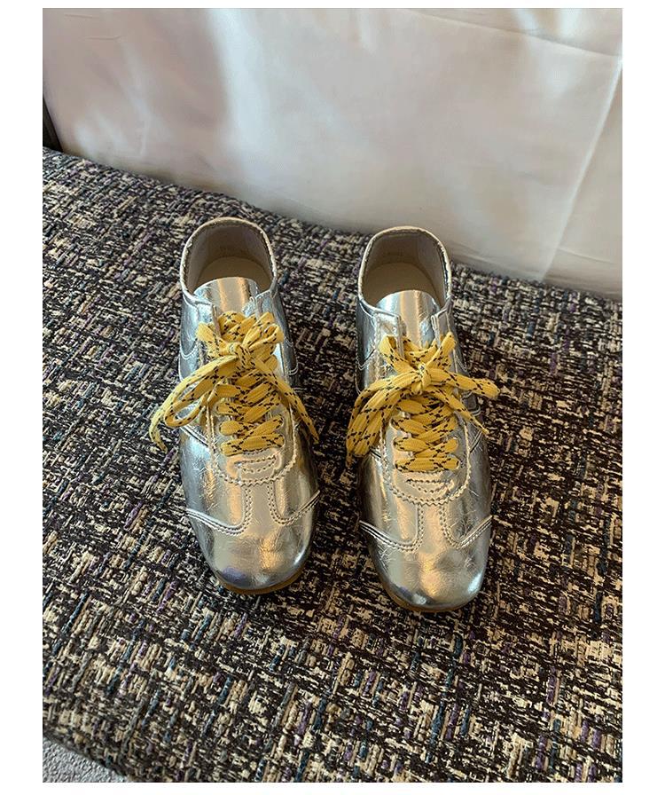 Sheepskin new spring and autumn ballet style silver inner height increase moral training shoes women's casual sports shoes lace-up flat baseplate shoe