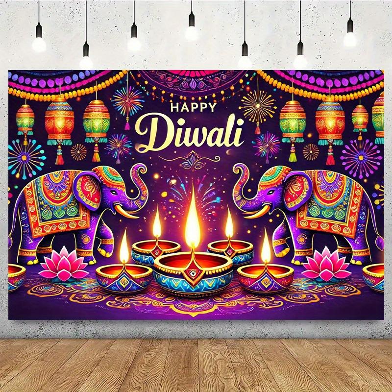 Background Flag 1 Piece Colorful Divali Celebration Scene with Elephant and Lantern Background Cloth