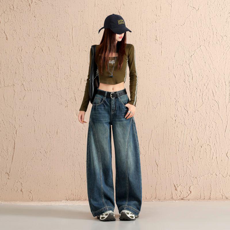 Amerikanische Retro-Jeans mit gebogenem Bein: Damen 2026 Frühling/Herbst Weit geschnittene Säbelhosen