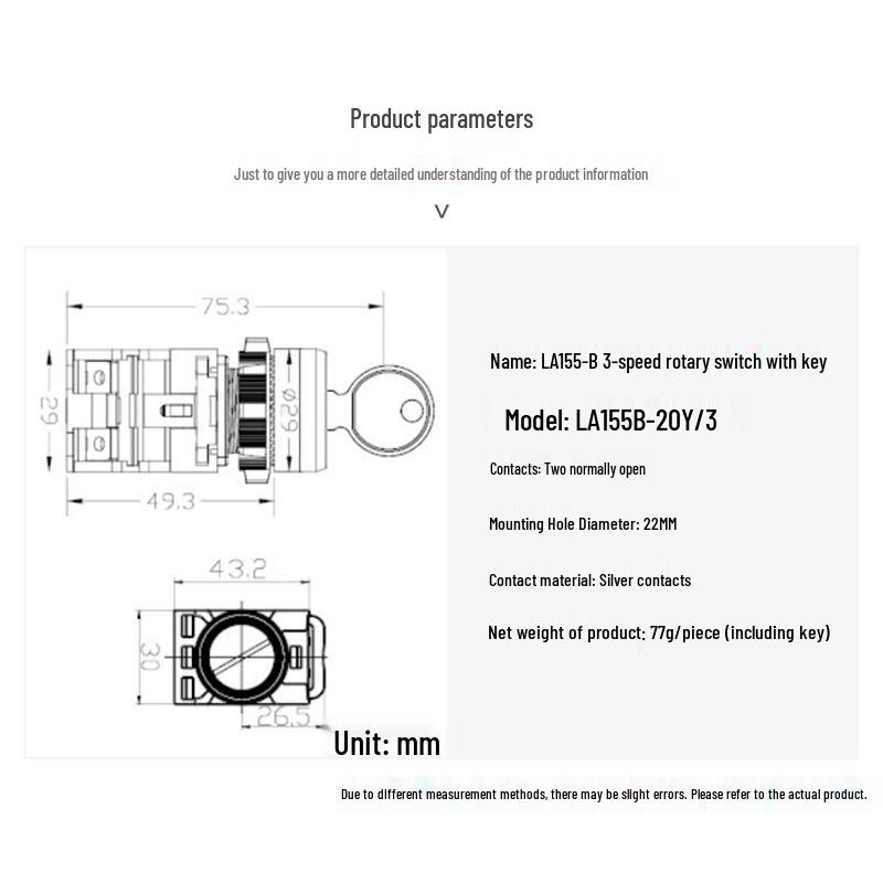 LA155B-20Y/3 Key Rotary Switch, Three-Speed, Open/Closed, Thickened Copper, Silver Contacts, 22MM