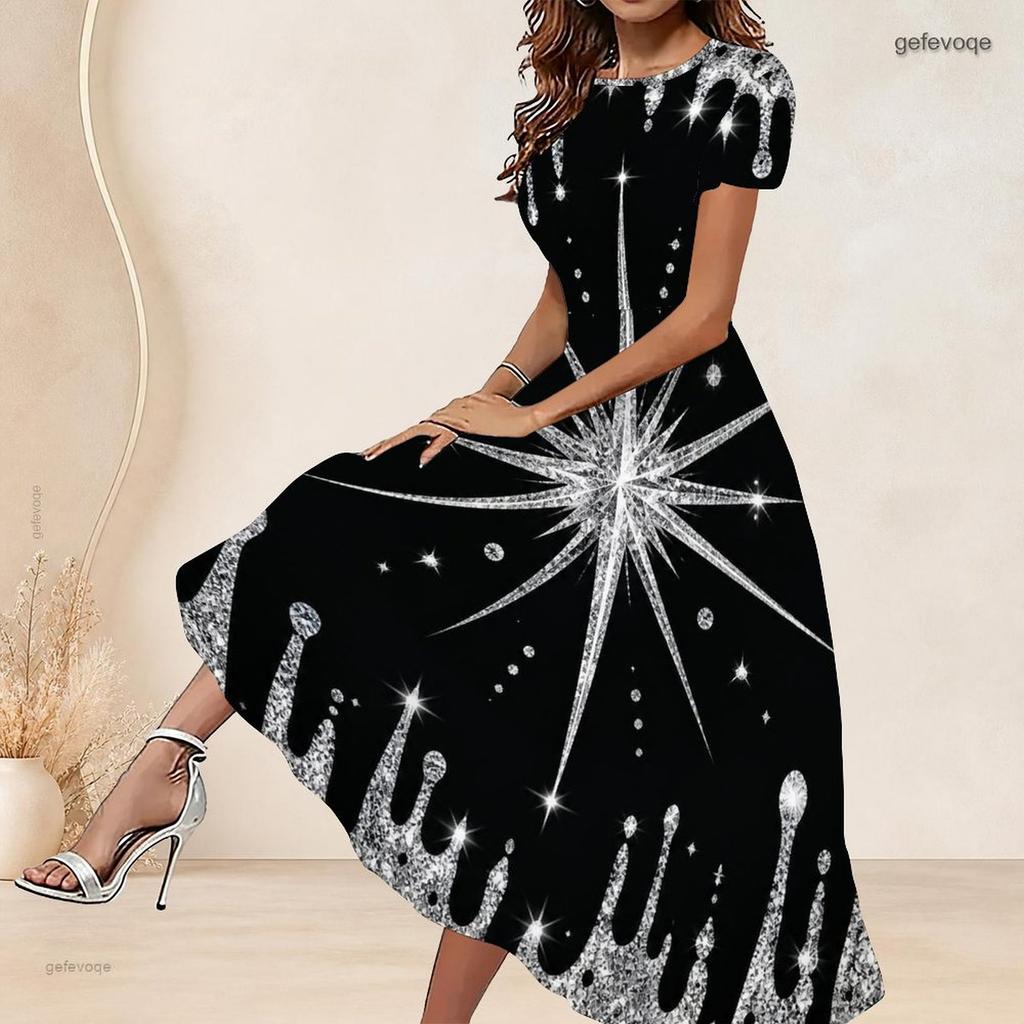 Women Plus Size Round Neck Short Sleeve Rhinestone Printed A Line Long Dress