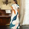 Women Plus Size V Neck Short Sleeve Abstract Printed Straight Maxi Dress