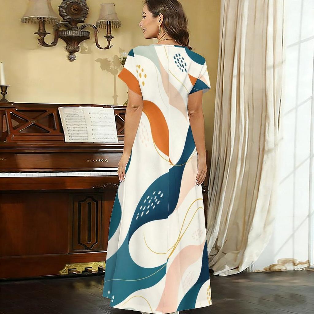 Women Plus Size V Neck Short Sleeve Abstract Printed Straight Maxi Dress