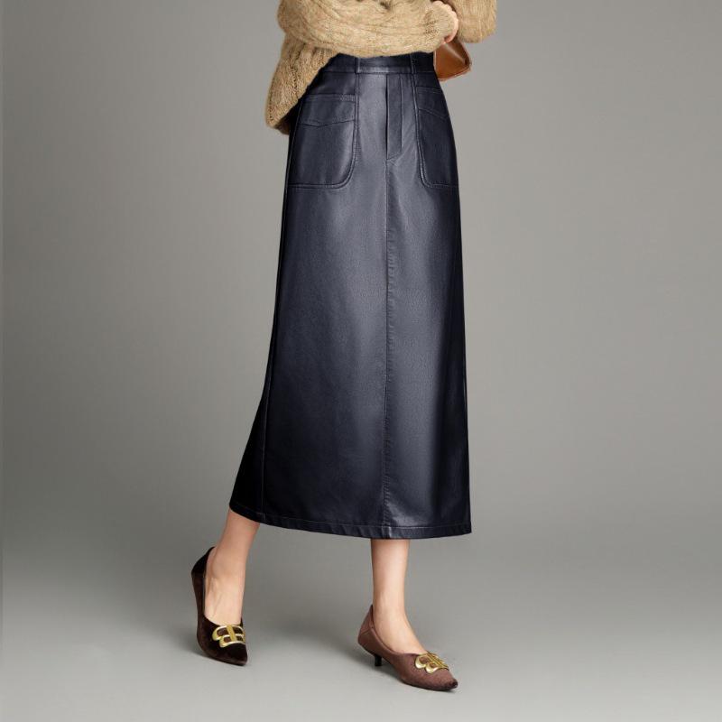 Luxurious Mid-Length Lambskin Leather Skirt with Stylish Slit for Women - Perfect for Autumn and Winter Elegance