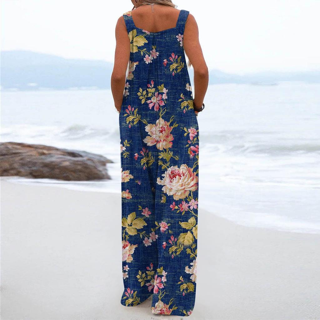 Wide Leg Overalls For Women Casual Loose Sleeveless Jumpsuits Retro Print Button Long Pant Romper Jumpsuit With Pockets