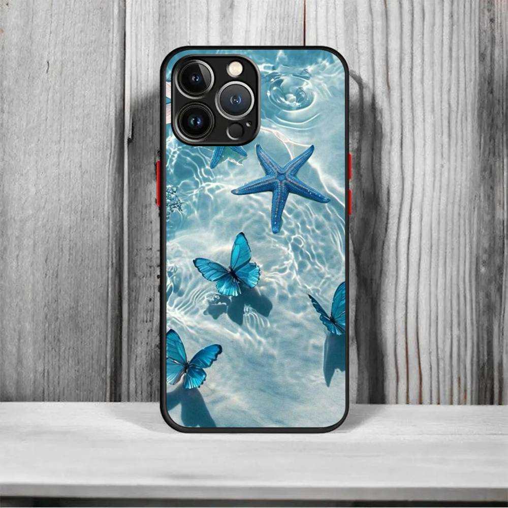 Blue Butterfly Ocean Waves Shockproof Matte Phone Case For IPhone 16 15 14 13 12 11 Pro Max X XR XS MAX Mini