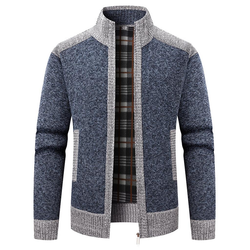 Men's Stand Collar Long Sleeve Warm Jacket Loose Plus Velvet Thickened Color Block Cardigan Sweater