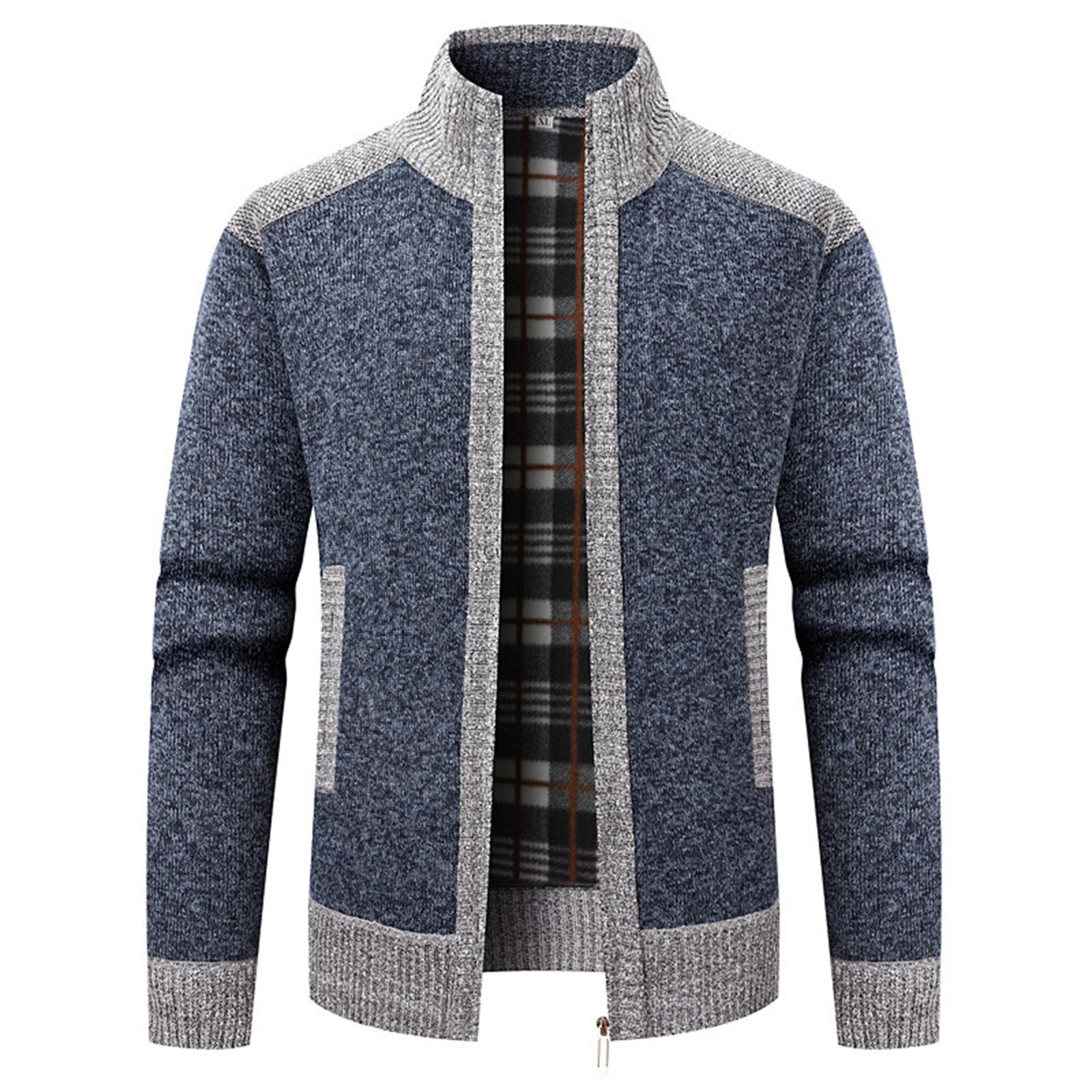 Men s Stand Collar Long Sleeve Warm Jacket Loose Plus Velvet Thickened Color Block Cardigan Sweater L 2443₽