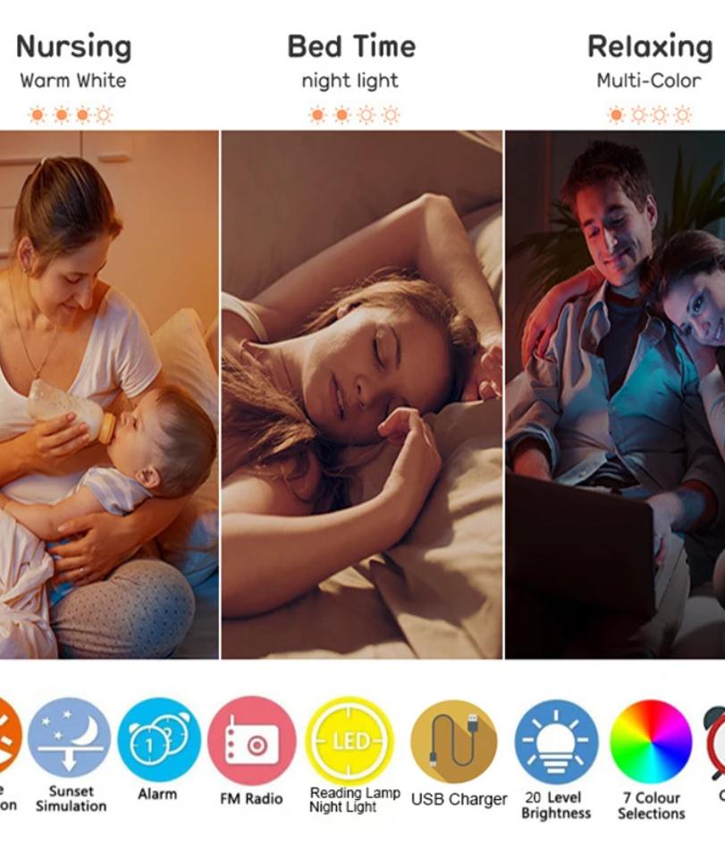 Wake Up Light Alarm Clock with Sunrise/Sunset Simulation Dual Alarms FM Radio Nightlight 7 Colors Natural Sounds Snooze