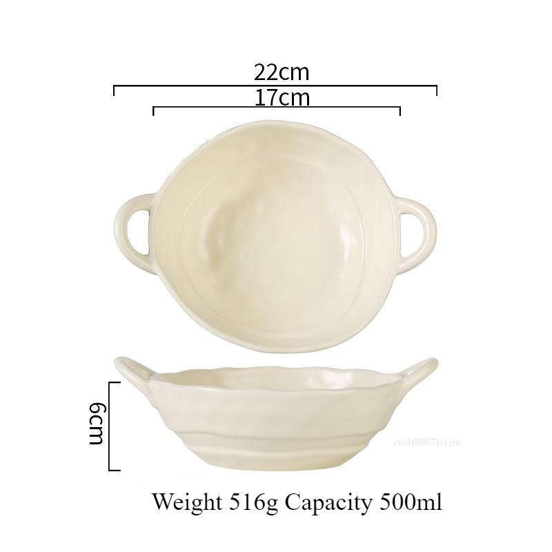 Ceramic Salad Bowl with Handle Binaural Bowl Irregular Ceramic Kitchen Soup Noodles Dessert Salad Bowl Heat-resistant Design 1PC
