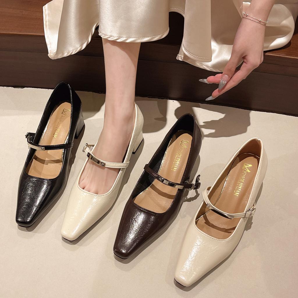 Mary Jane High Heels Women's Spring 2025 New Thick Heel French with Skirt Temperament Single Shoes Pointed Light Mouth Shoes