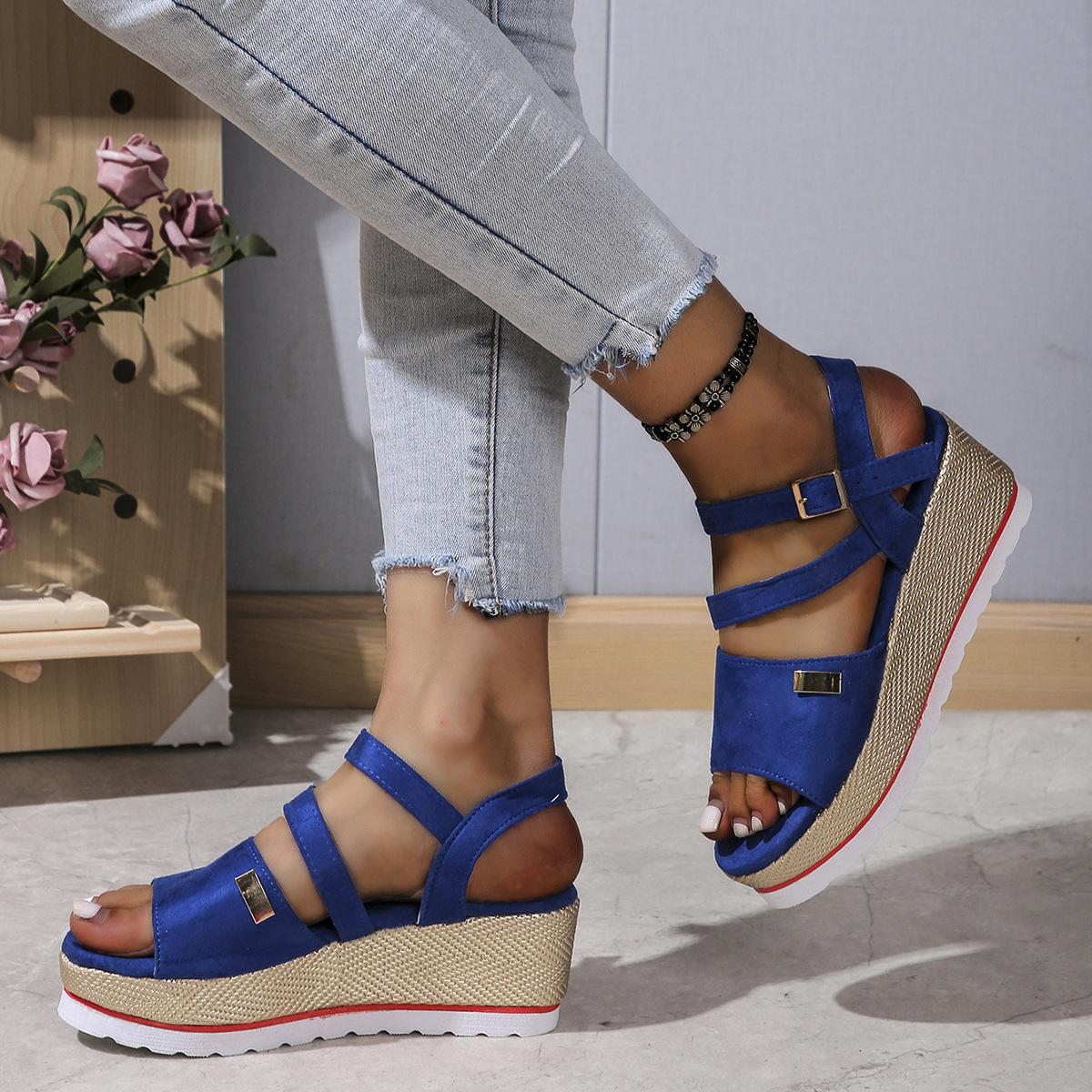 

2025 spring and summer new wedge heel fish mouth sandals women s large size platform muffin one-word buckle fashion sandals 43 синій