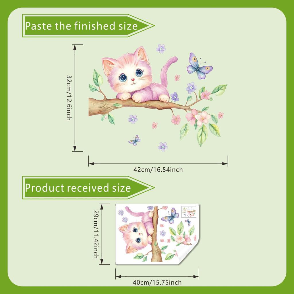 Aquarell Rosa Katze mit Ranke Wandsticker Niedliches Tier Kinderzimmer Dekor Selbstklebendes Abziehbild