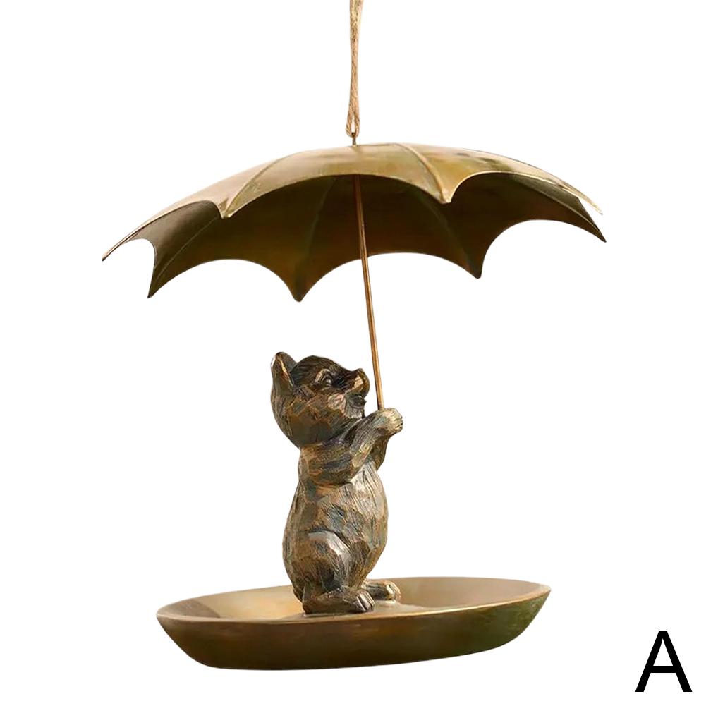 Metal Hummingbird Bird Feeder with Umbrella Cute Squirrel/Cat/Dog Holding Umbrella Design Bird Feeder for Garden Yard Decoration