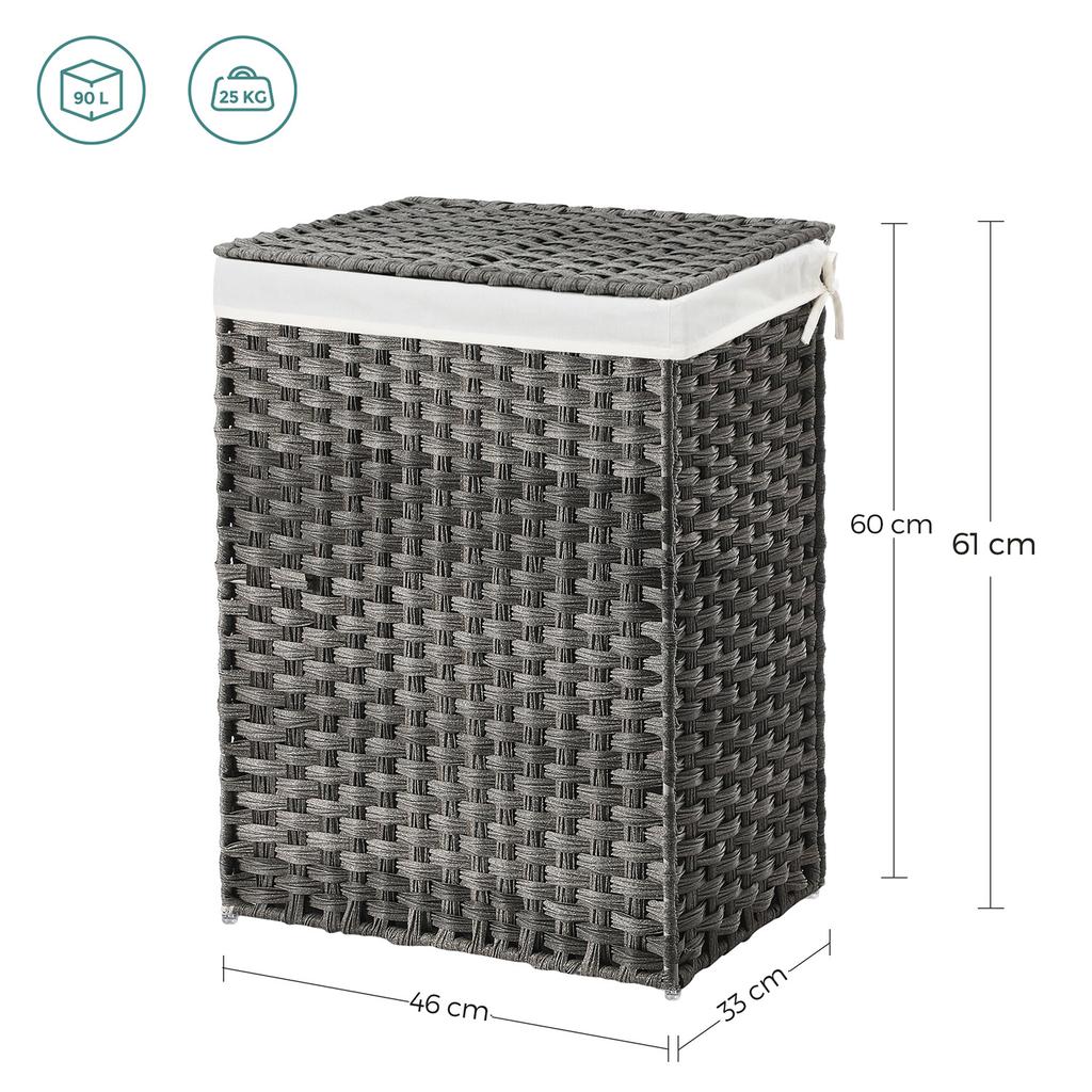 SONGMICS Handwoven Laundry Basket, 90L Synthetic Rattan Clothes Hamper with Lid and Handles, Foldable, Removable Liner Bag, Grey