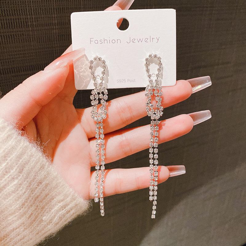 Silver Needle Long Fringed Earrings Women's Cold Temperament Full of Diamonds, High-end Sense Light Luxury Stud Earrings