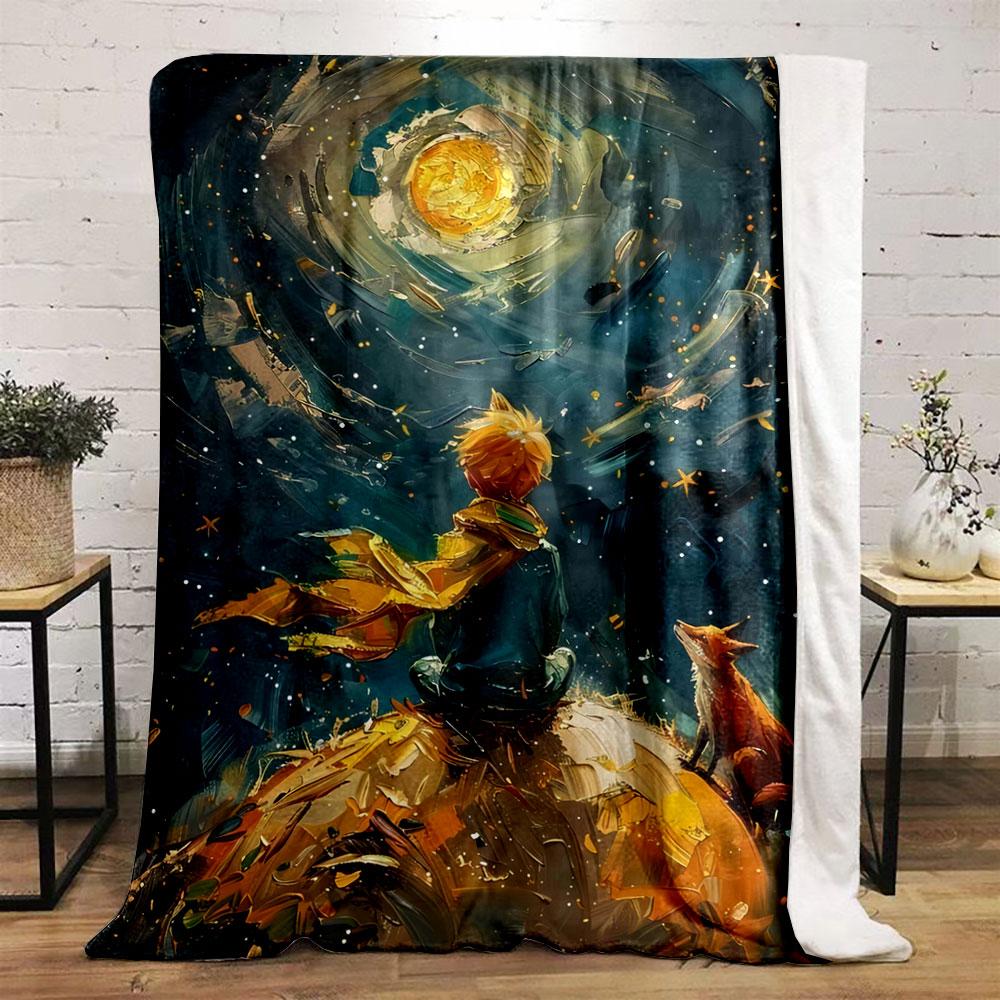 Swirling galaxy with golden moon, boy in scarf, and fox on a hill. for all seasons blanket lunch break throw gift