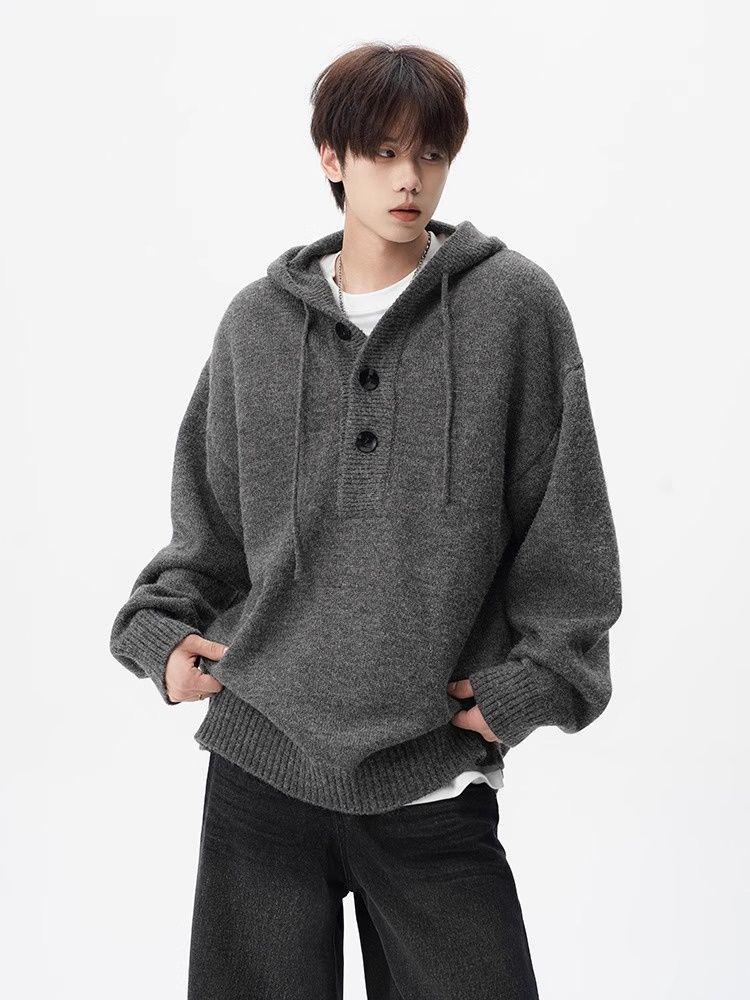 Men's Casual Knitted Hooded Pullover Sweater Coat - Autumn/Winter Versatile Loose Fit.