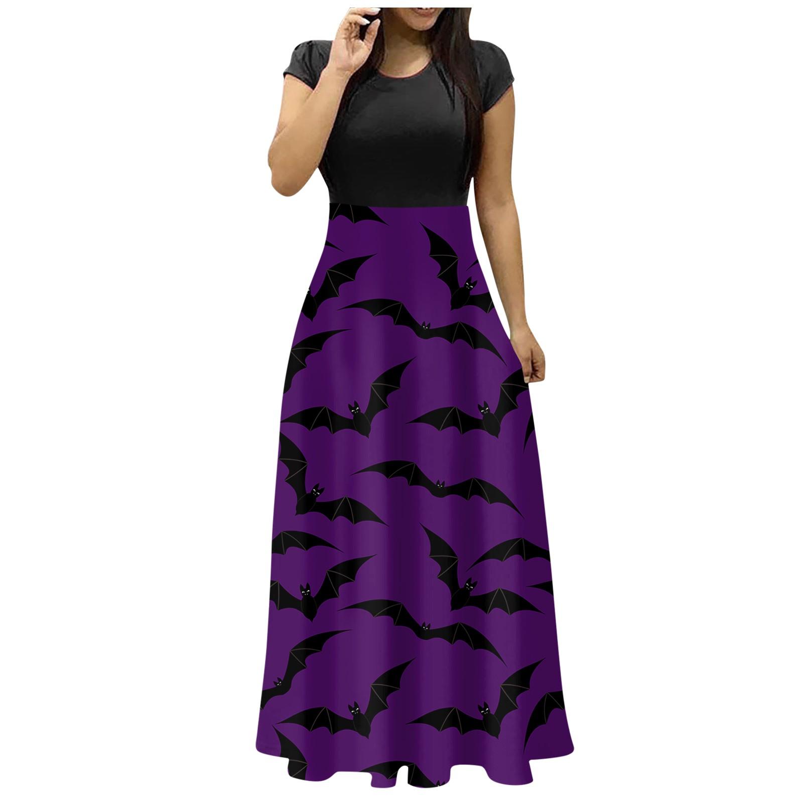 Женское модное платье макси с круглым вырезом и коротким рукавом с принтом на Хэллоуин — фото 3