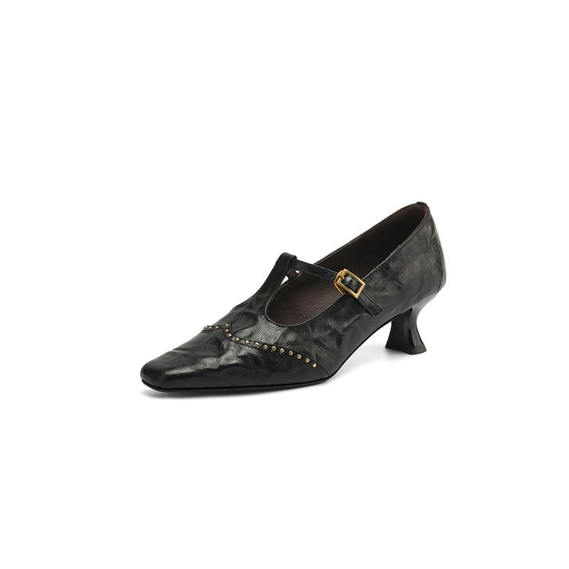 Fashion New Spring/Summer Genuine Leather Women Pumps Shoes for Women Fashion Rivet Square Toe Mary Jane Shoes Women Handmade High Heels