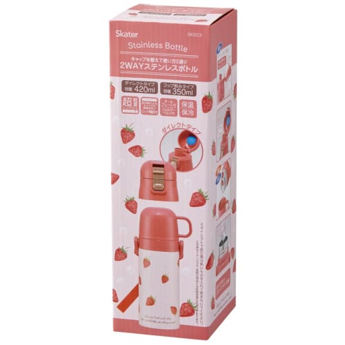 Skater Children's Water Bottle 2WAY Direct Drinking Cup Type Strawberry Strawberry Pink 350ml (When Drinking) 420ml (When Drinking Directly) Stainless