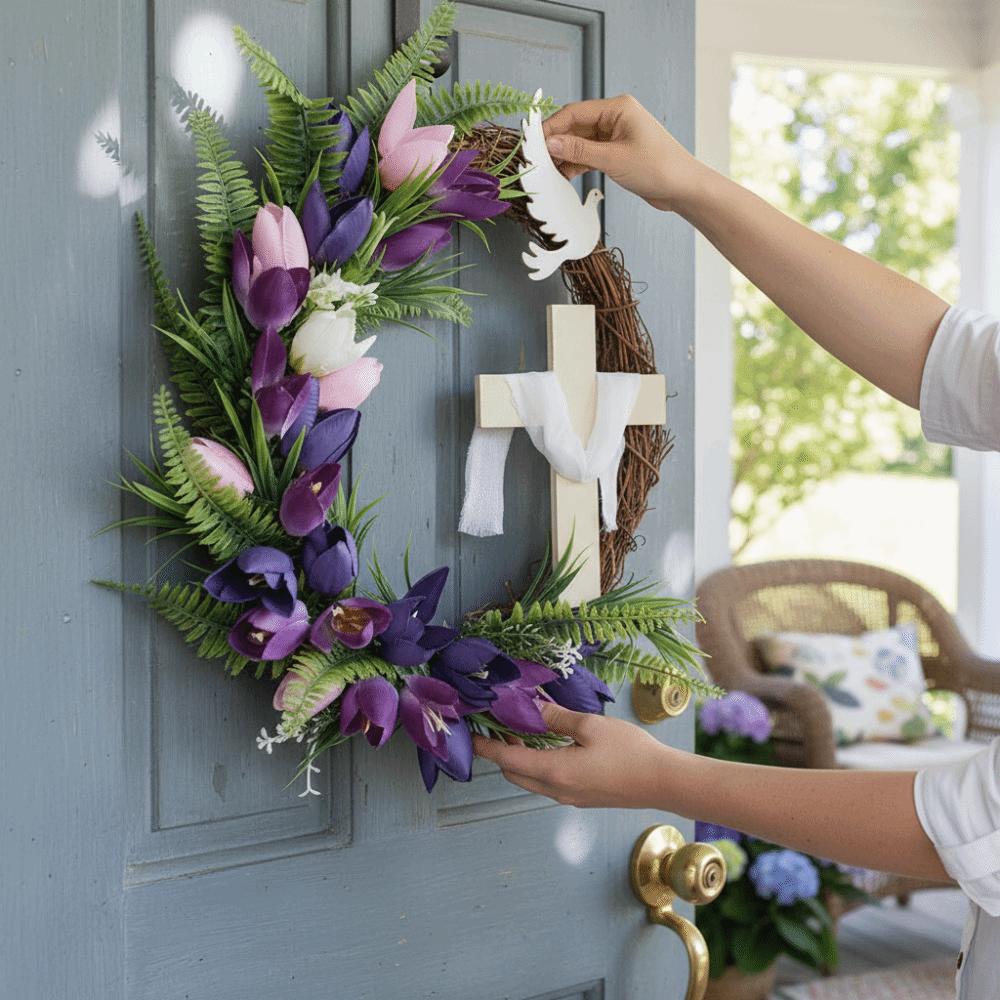 Künstlicher Oster-Tulpen-Kreuzkranz Kunstblumen Türhänger Rattan-Ring Girlande Kindergeschenke