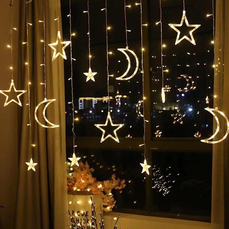 LED Star Moon Curtain String Lights with Battery & USB for Bedroom Décor