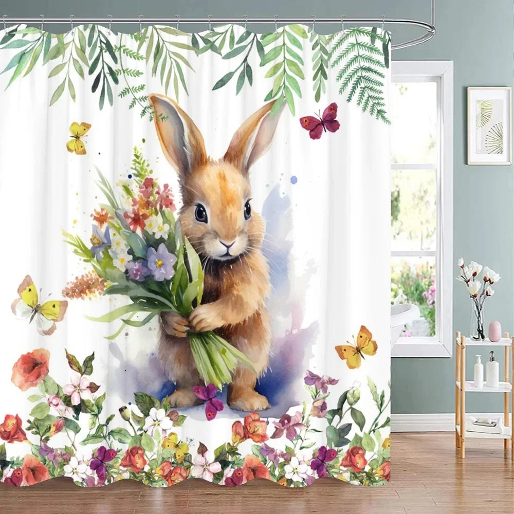 Easter Shower Curtain Cute Cartoon Bunny Watercolour Style Washable Polyester Fabric Shower Curtains Bathroom Decor With Hooks