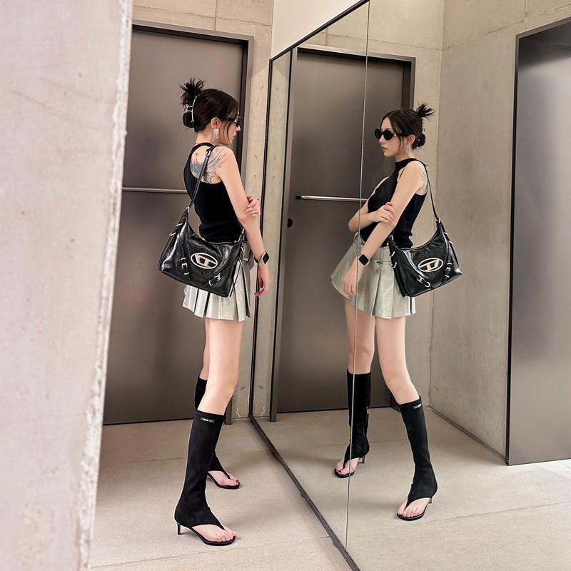 Fashion New Popular Black Open Toe Clip-On Knee Boots Women's Modern Booties Thin Low Heel Side Zip Spring Summer Party Heels Sandals