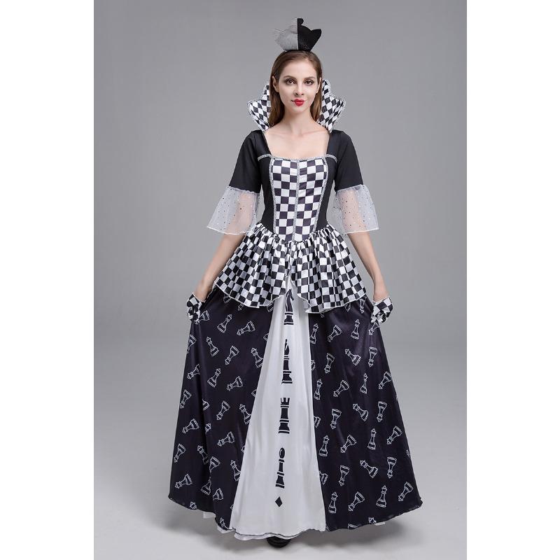 New Halloween Costume, Masquerade, Poison Queen, Black and White Clown Dress Costume