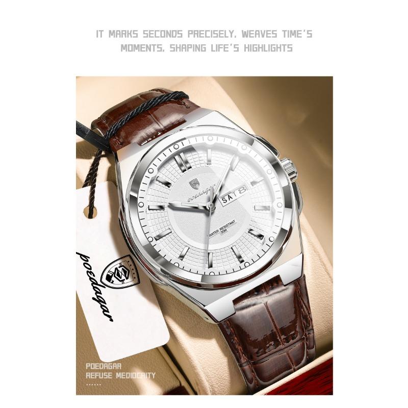 POEDAGAR Fashion Man Wristwatch Waterproof Luminous Date Week Business Quartz Watches Leather Sport Clock Reloj Hombre