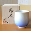 Arita-Porzellan-Teetasse, mit indigoblau gefärbtem Wassertropfenmuster, präsentiert in einer schönen Holzgeschenkbox. Baba Shinemon Brennofen, Hasami-Keramik, Präfektur Saga, große Größe.