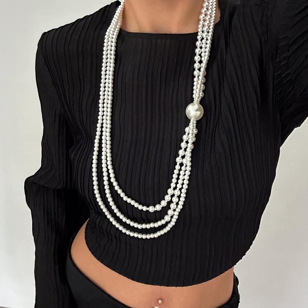Temperament Baroque round bead long necklace, retro imitation pearl beaded multi-layer sweater chain