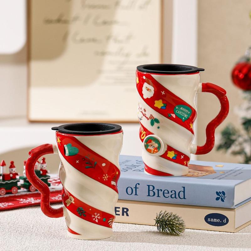 2025 New Christmas Ceramic Cup Threaded Reindeer Large Capacity Creative Mug with Lid Gift Box Cup Cross-border Christmas Gift Y