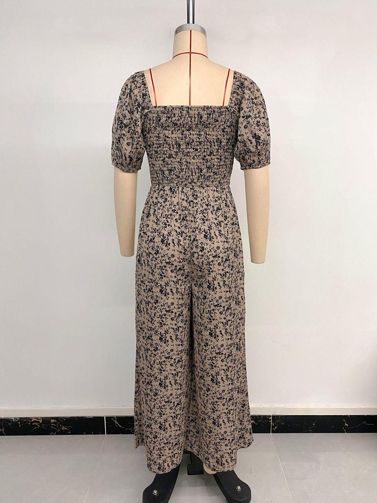 European Summer 2026 Polka Dot Ruched Square Neck Backless Short Sleeve Jumpsuit for Women