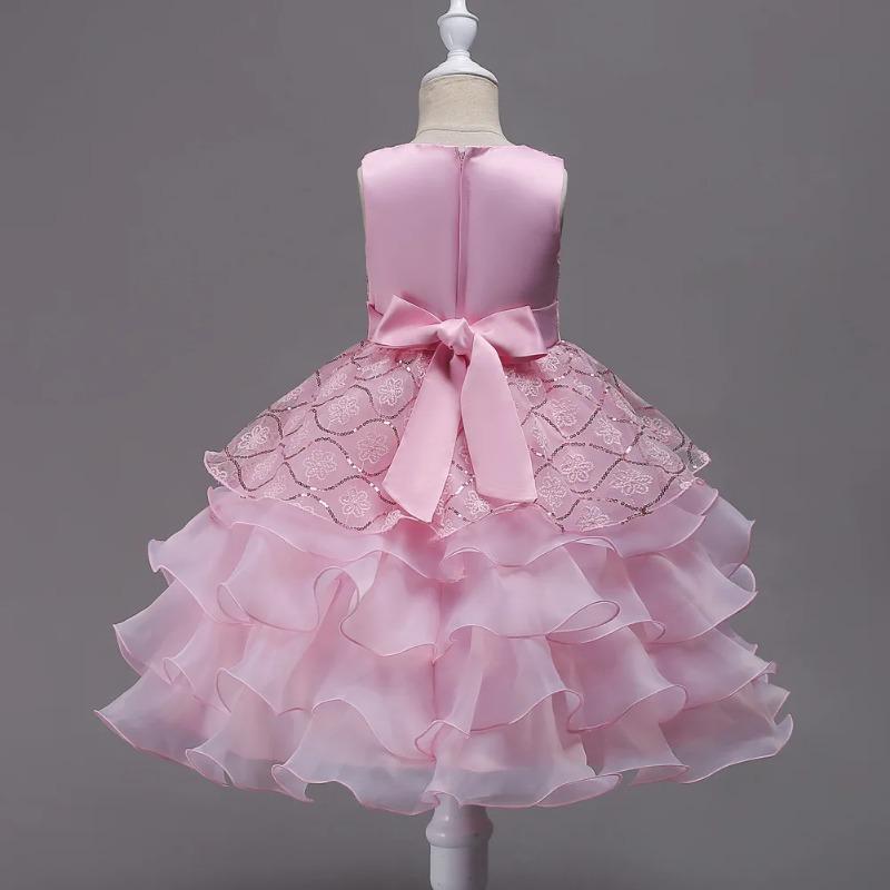 Vestito Principessa da Bambina Elegante con Ricami Floreali Fiocco Senza Maniche Strati di Rete