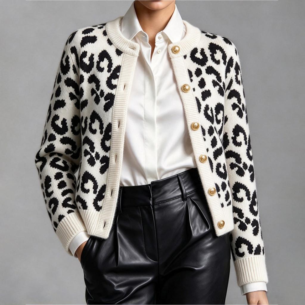 Women's Leopard Print Knit Cardigan Long Sleeve Round Neck Trim Casual Outerwear