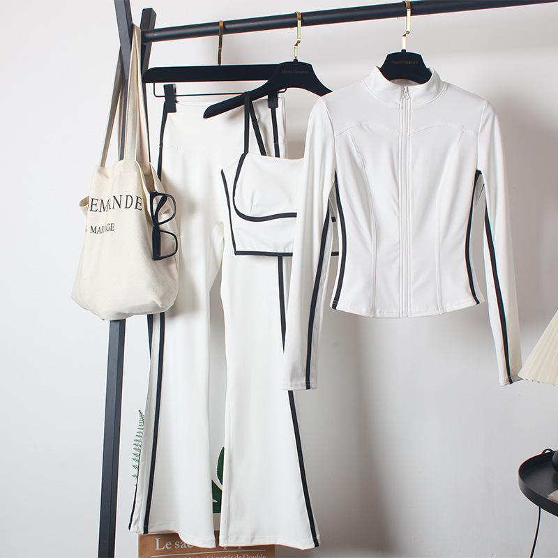 Damen Yoga Sportbekleidungsset: Hochtaillierte Schlaghosen, Schlankmachend, Tanz, Laufen, Reißverschluss, Dreiteilig für Herbst/Winter.