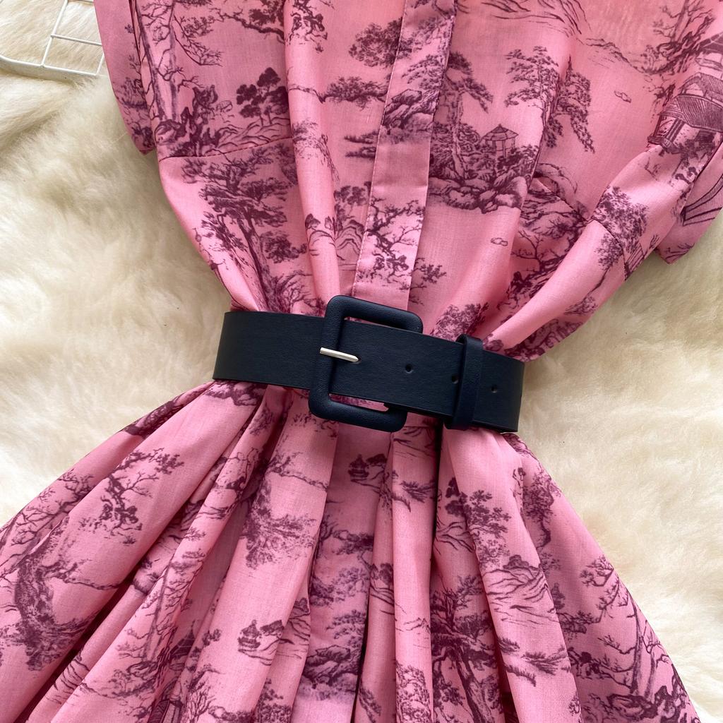 Women's Lapel Collar Vintage Midi Shirt Dress Summer Runway Pleated Short Sleeve Retro Jungle Print Belt Ladies Midi Dresses