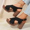 Women's Solid Color Stylish Sandals, Platform Crisscross Buckle Walking Chunky Heels, Studded Casual Daily Footwear