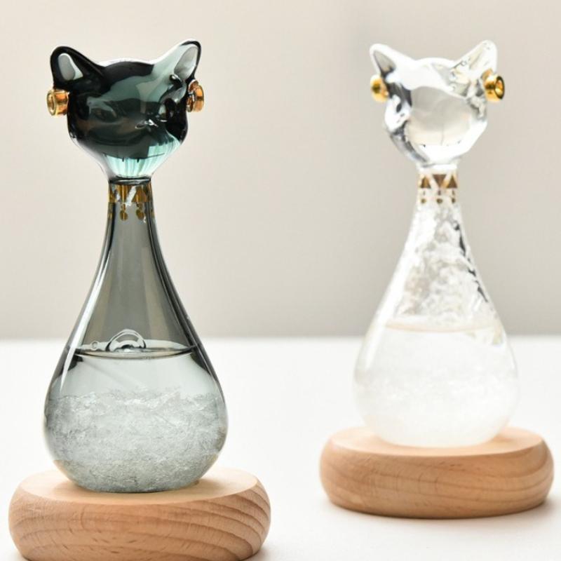 Ägyptische Katze Wettervorhersage Flasche Vorhersager Monitor Glas Sturmflasche mit Holzsockel Desktop Ornamente Raumdekor Geschenke