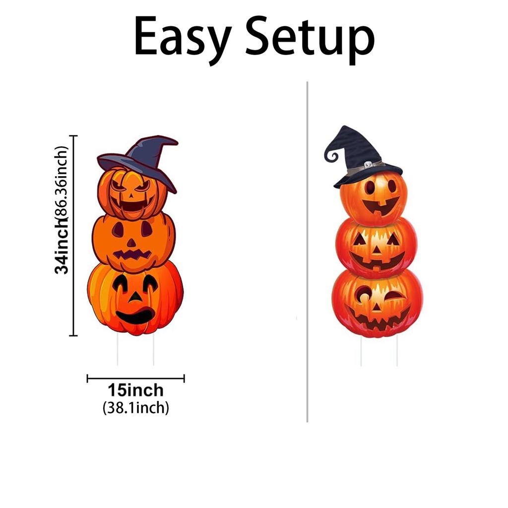 Halloween Pumpkin Stack Yard Signs with Spooky Witch Hats for Outdoor Party Decor - Set of 2 Pieces