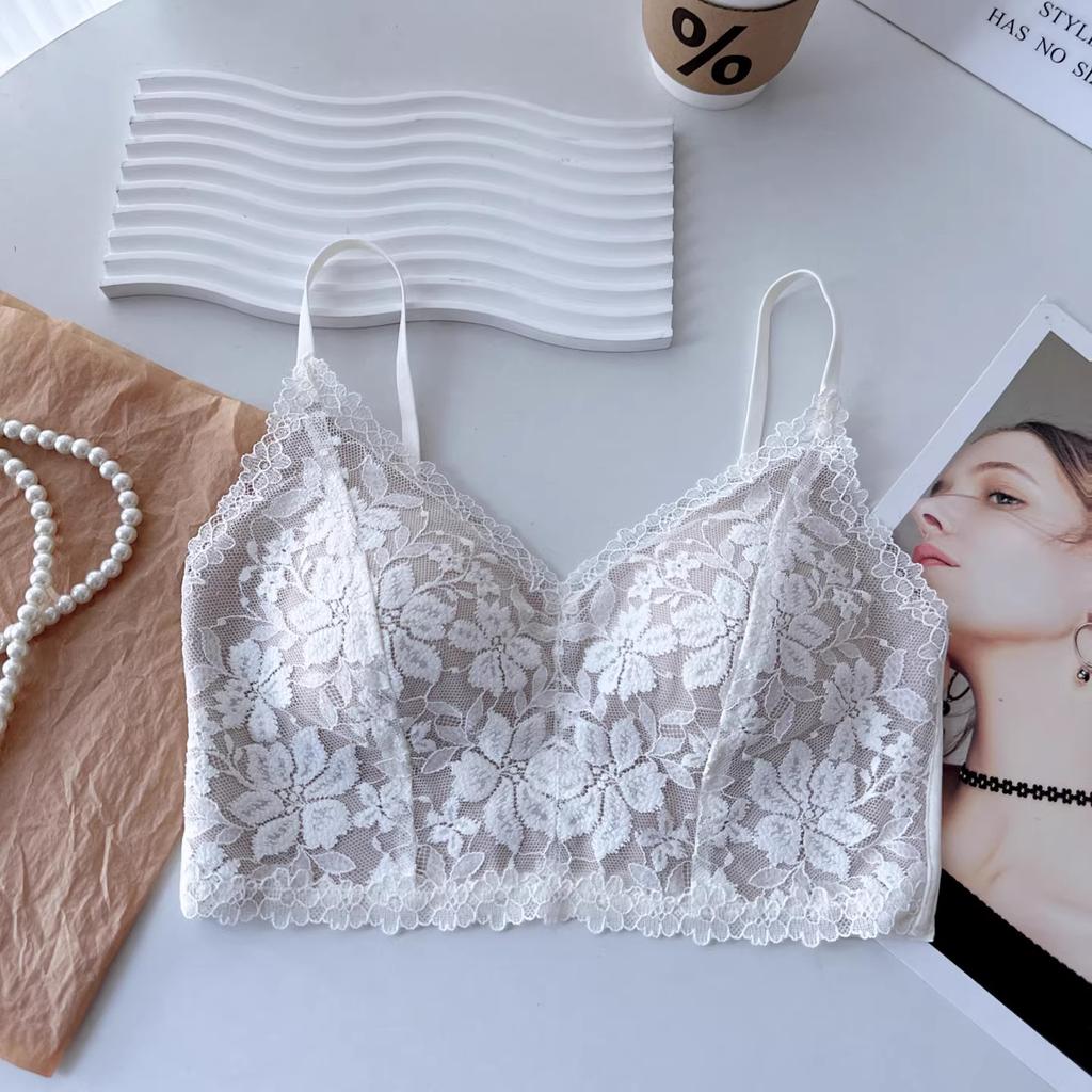 Sexy pure lace beautiful back chest wrap women's fixed cup gathering underwear without steel ring bra short suspender vest tide